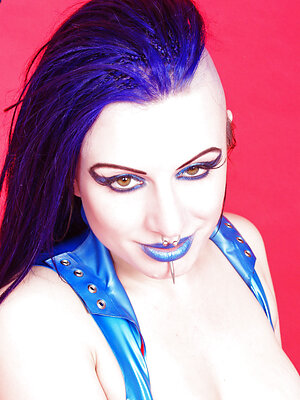 blue haired punk slut in rubber